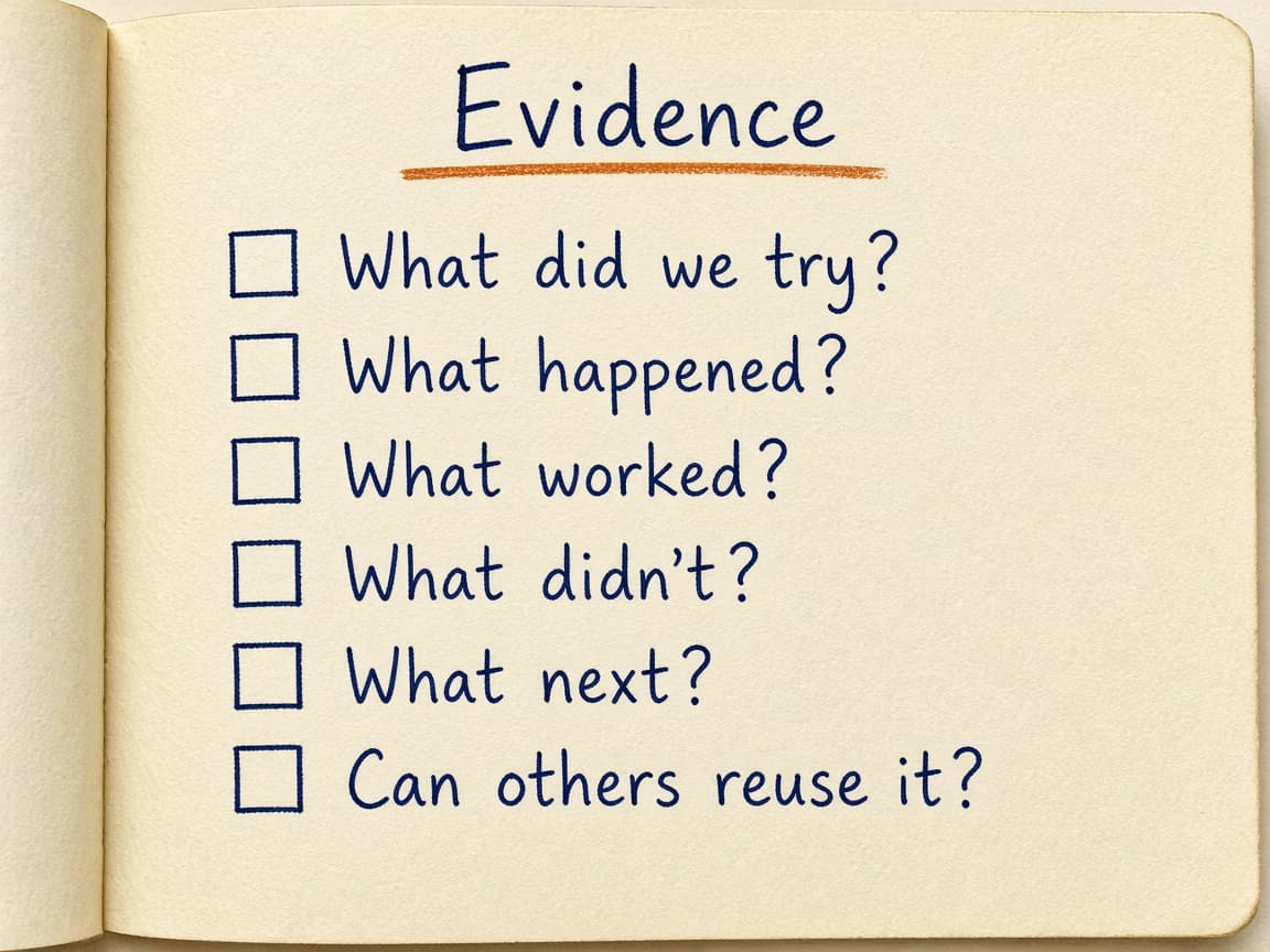 Hand-drawn notebook checklist titled Evidence, with questions about what was tried, what happened, what worked, what did not, what comes next, and whether others can reuse it.