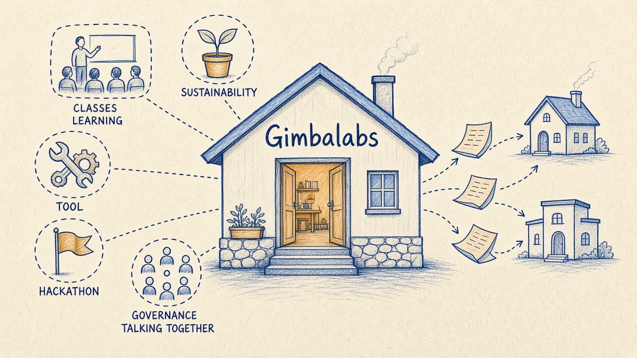 Hand-drawn workshop labeled Gimbalabs, connected to sketches of a class, a tool, a hackathon, people talking, and a seedling. Notes travel from the workshop to two other buildings.